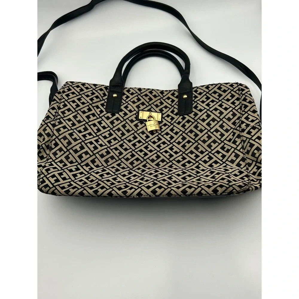 Tommy Hilfiger Monogram Satchel Bag Black Tan Jacquard Crossbody Gold Lock